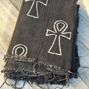 Vintage African Black Mudcloth 62” L x 42” W Textile Ankh Symbol Motif | No. 117
